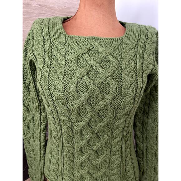 Inis Crafts Sz S Cable Knit Sweater Green Merino Wool Fisherman Ireland Cottage - Picture 4 of 10